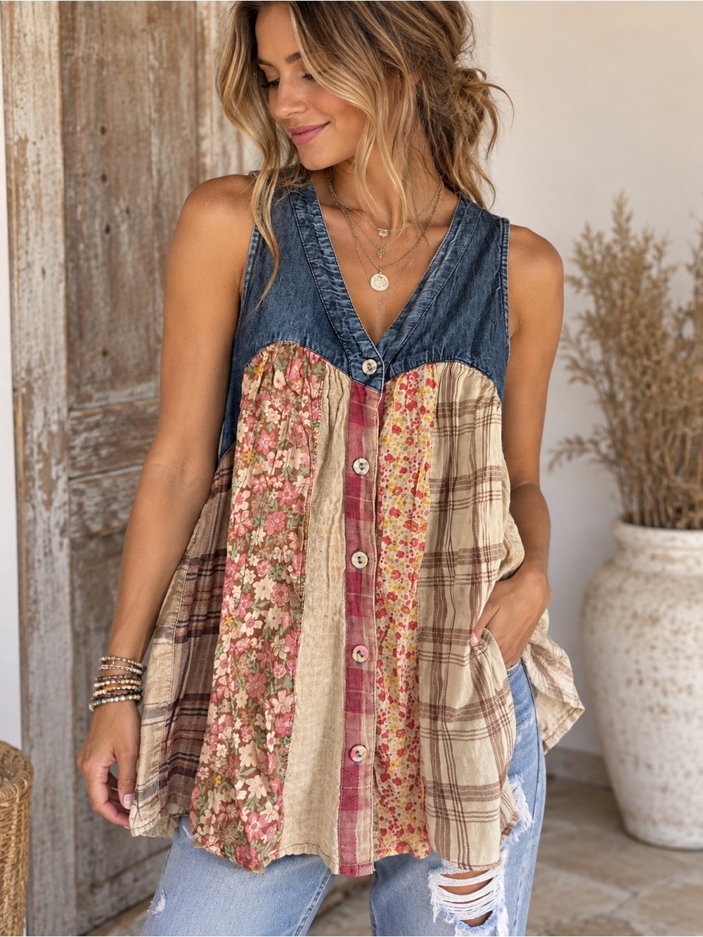 Young Threads Patchwork Denim Yoke Tunic Top NWT Size S